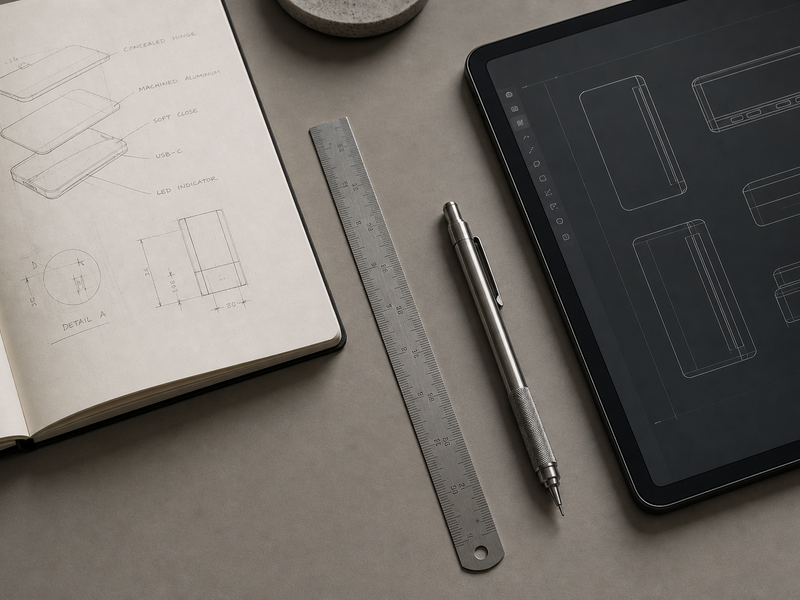 Workbench flat lay with marked-up sketches, a steel scale ruler, and a tablet showing system wireframes.